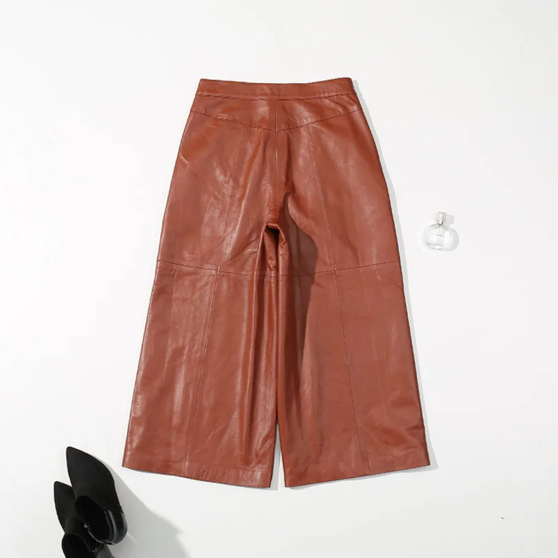 2018 Pantalon Confortable Taille De Femmes Large Mode En Classique Brown Streetwear Style Brun Coréen Haute Véritable Cuir Dames rrwq4d7x