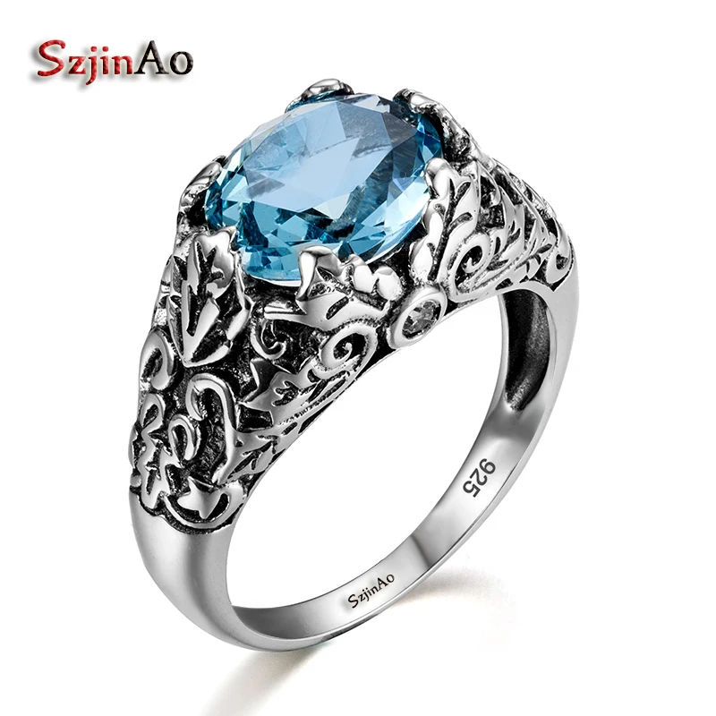 Szjinao Authentic 925 Sterling Silver Rings For Women Oval Exaggerated Rings Aquamarine Wedding Bands Style Love Vintage Jewelry