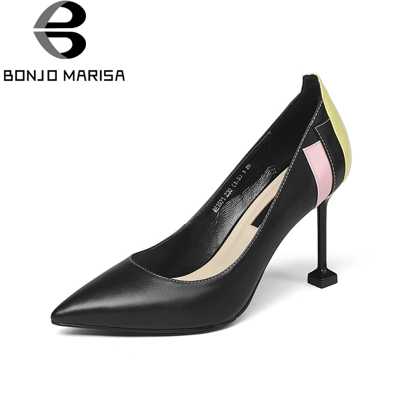 

BONJOMARISA 2018 Spring Autumn Fashion Brand Sewing Women Pumps Cow Leather High Heels Ol Patchwork Shoes Woman Shally Lady Shoe