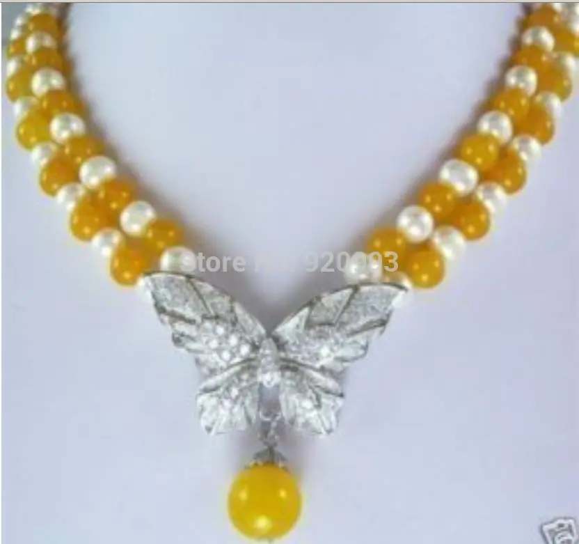 

fast P&Pyellow jade & white pearl butterfly button necklace