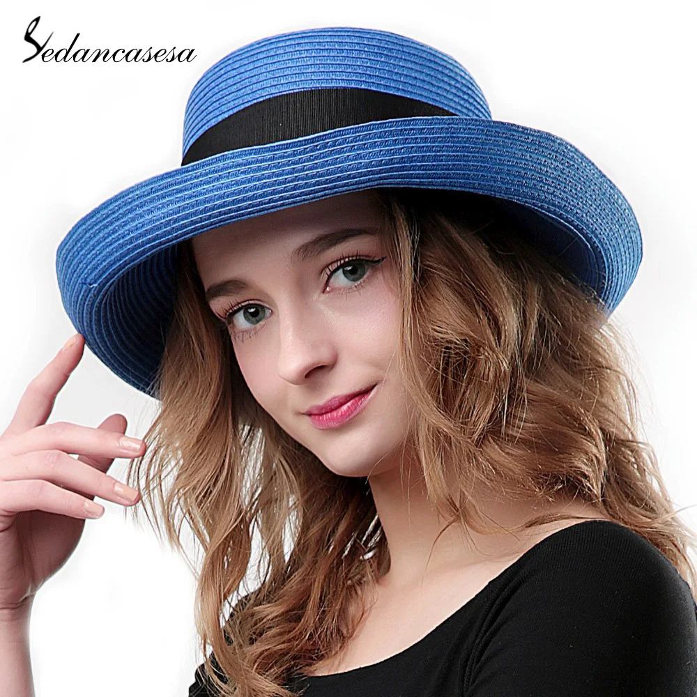 Sedancasesa складная шляпа от солнца женская летняя Для женщин пляжные керлинг соломенные шляпы для Для женщин бантом Защита от ультрафиолетовых лучей женская шляпа с широкими полями рулон колпачок