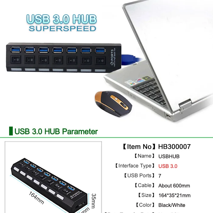 Usb-хаб 3,0 Micro USB 3,0 концентратор разветвитель с адаптером питания USB Hab 5 Гбит/с 7 портов расширитель несколько usb-хаб с переключателем для ПК