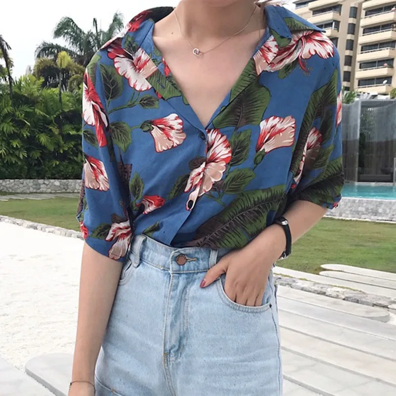 2018 винтажный Летний стиль блузки рубашки модные цветочные принты рубашки Топы женские тонкие пляжная одежда отпуск Blusas
