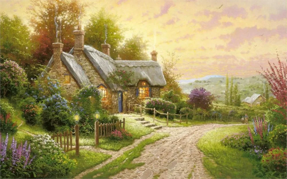 24X36 INCH/ИСКУССТВО ШЕЛКОВЫЙ ПЛАКАТ/Картины Томас кинкейд даче дом цветы дорога ночь