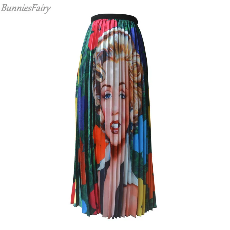 

BunniesFairy 2019 Summer 50s Vintage Retro Marilyn Monroe Character Floral Print High Waist Long Pleated Midi Skirt Holiday Wear
