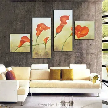 

High Quality Lily Red Wine Flower Oil Painting On Canvas 4Pcs Art Abstract Home Decoration Modern Wall Picture For Living Room