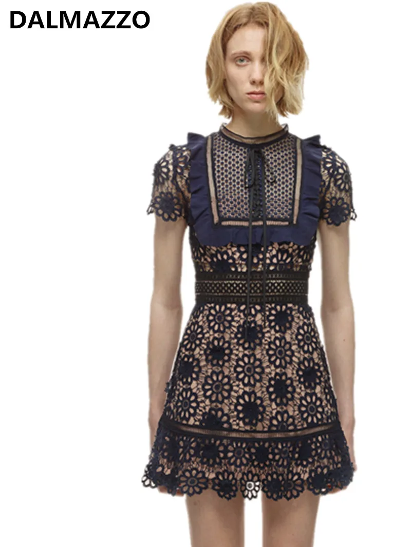 

2018 Newest Europe Runway Lace Hollow Out Womens Mini Dress Vestidos Bodycon Short-Sleeve High Quality Self Portrait Dresses