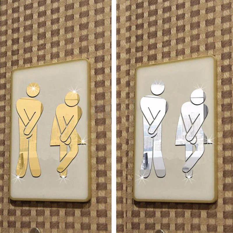 Toilet Room Sign Decorative Bathroom Sign For Hotel Bar Restaurant Mirror Wall 3D Removable Mirror Wall Stickers Creative Decals