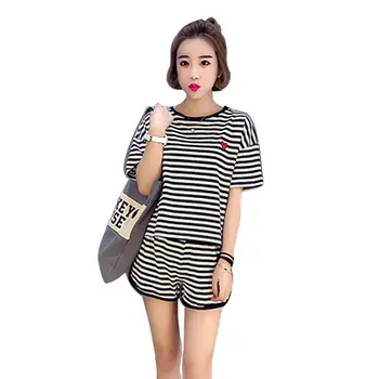 

WEIXINBUY Women's Tracksuits Two Piece Set Summer Short Sleeves Striped T Shirt Tops Set Women Sportwear Runway Outfits
