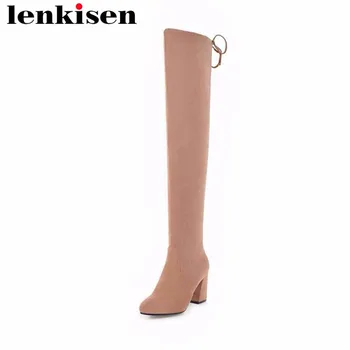 

Lenkisen flock slip on bowtie pointed toe over-the-knee boots high street fashion solid plus size woman runway sexy boots Lwf6