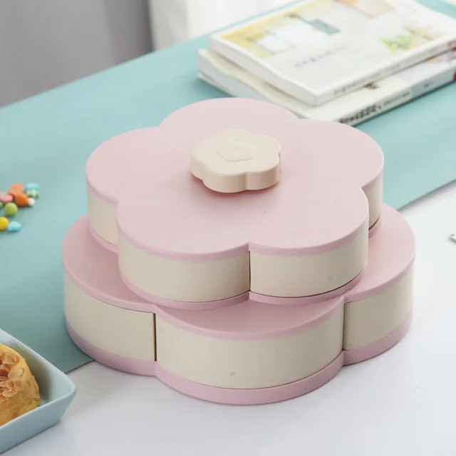 Вращающаяся коробка для закусок в форме лепестка, поднос для конфет, коробка для хранения продуктов, свадебные конфетные тарелки, двухслойный сушеный органайзер для фруктов - Цвет: Pink3