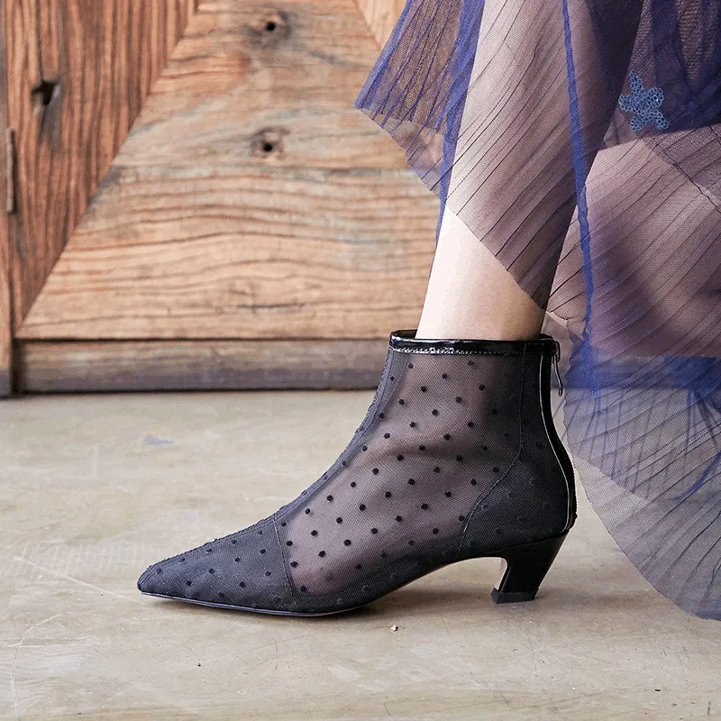 

Woman Boots Back Zipper Short Booties Air Mesh Spring Autumn Ankle Boots Brand Runway Super Star Shoe Chic Med Heel Fashion Shoe