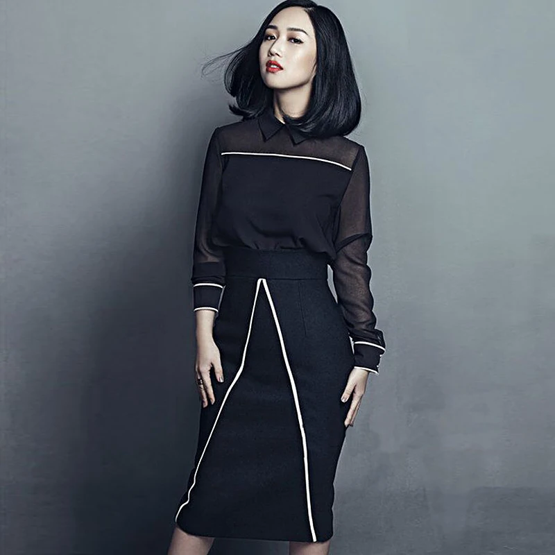 

XF 2 two piece sets winter 2017 Autumn Formal wear Dress Women Work Wear Elegant black Dress business Office Dresses
