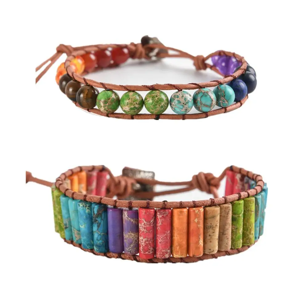 

2PCS Chakra Bracelet Multicolor Bracelet Boho Natural Stone Wrap Bracelet Single Leather Power Jewelry Dropshipping