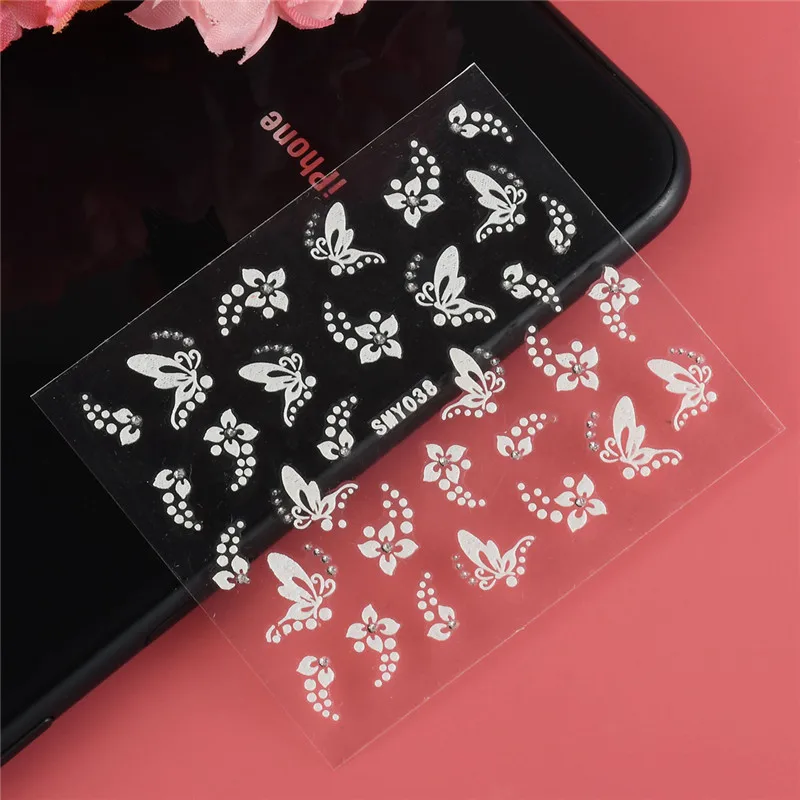 

1 Sheet 3D Cute Nail Art Stickers Decals White Sliver Flowers Butterfly Rhinestone Nail Art Decorations Stickers For Women