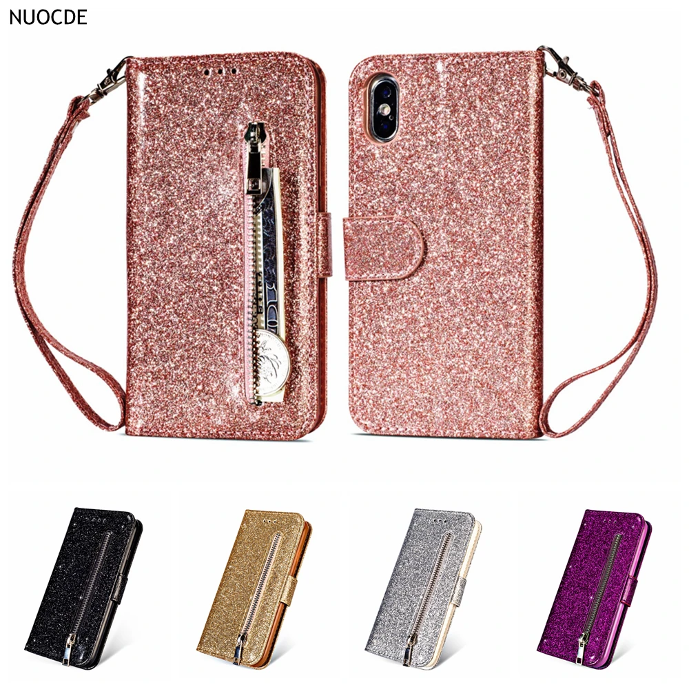 

Bling Glitter Flip Leather Case For iPhone XS Max XR Zipper Wallet Card Slots Cases Cover For iPhone 8 7 6 6s Plus Magnetic Case