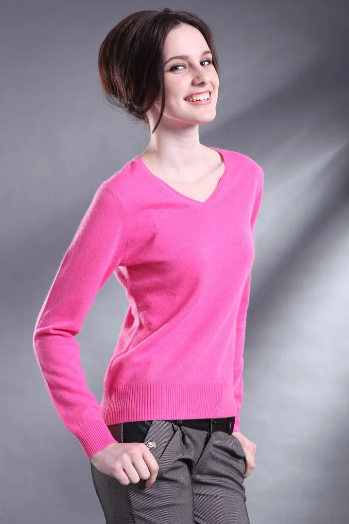 Lafarvie вязаный свитер из смеси на основе кашемира женские Топы Зимний теплый шерстяной пуловер женский модный разноцветный свитер с v-образным вырезом - Цвет: Розовый