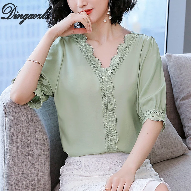 

Dingaozlz Short-sleeved Chiffon blouse Plus size Women Tops Korean Fashion clothing Patchwork Casual Lace shirt Blusa