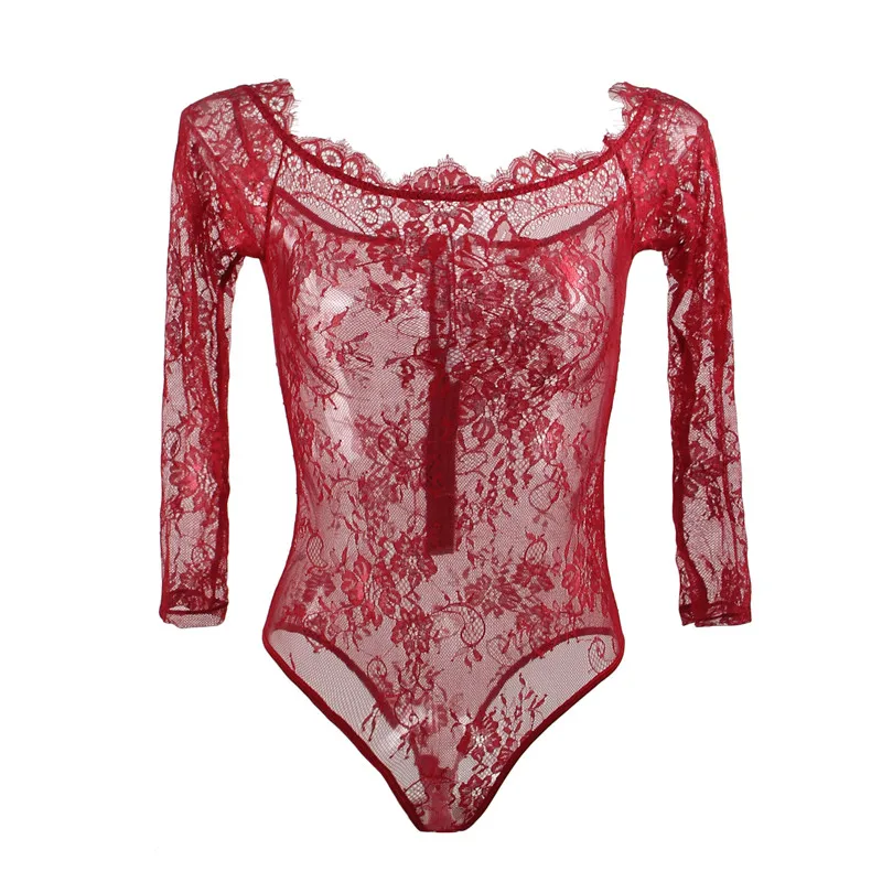 Wine red Comeondear боди с длинным рукавом размера плюс, Черный боди, женский сексуальный цветочный комбинезон с открытыми плечами, кружевное Сетчатое боди RJ80549 - Цвет: Wine red