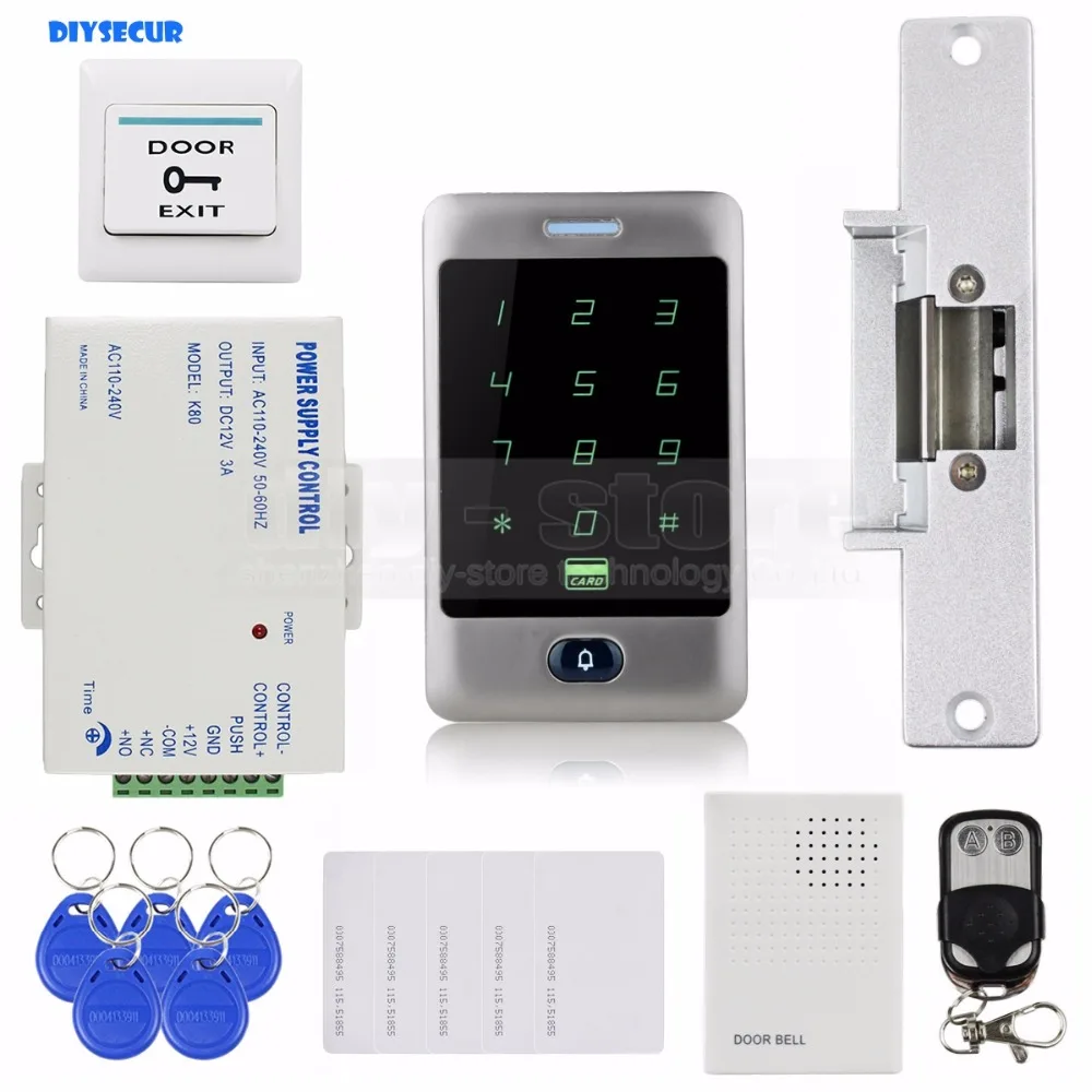 

DIYSECUR 125KHz RFID Reader Password Keypad + Strike Lock + Door Bell + Remote Control Door Access Control Security System Kit