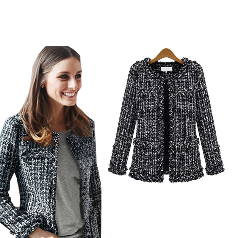  2019 Women Fashion Coat Autumn Winter Thin Black Checkered Tweed Casual Plaid Jacket Outerwear FS02