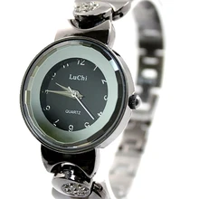 Популярные наручные часы Gunmetal Группа круглое зеркало стекло Циферблат Дамы для женщин Мода кварцевые браслет часы с кристаллами FW779B