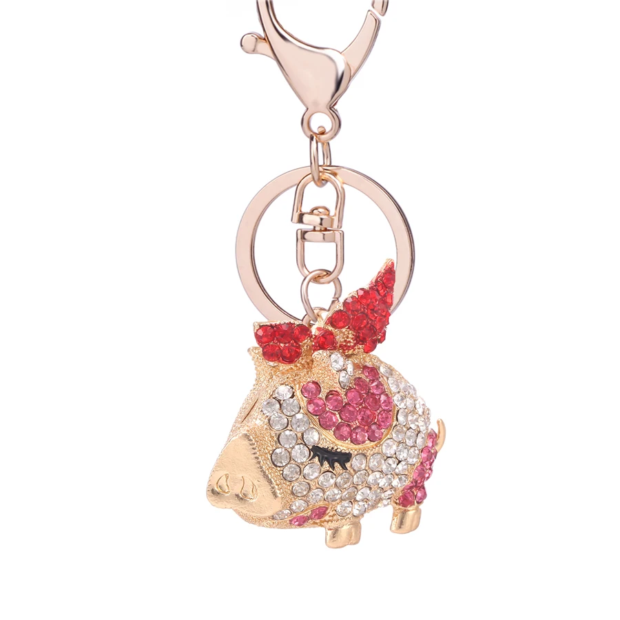 Fashion Novelty Trinket Rhinestone Cute Bow Pig Keychain Charm Crystals