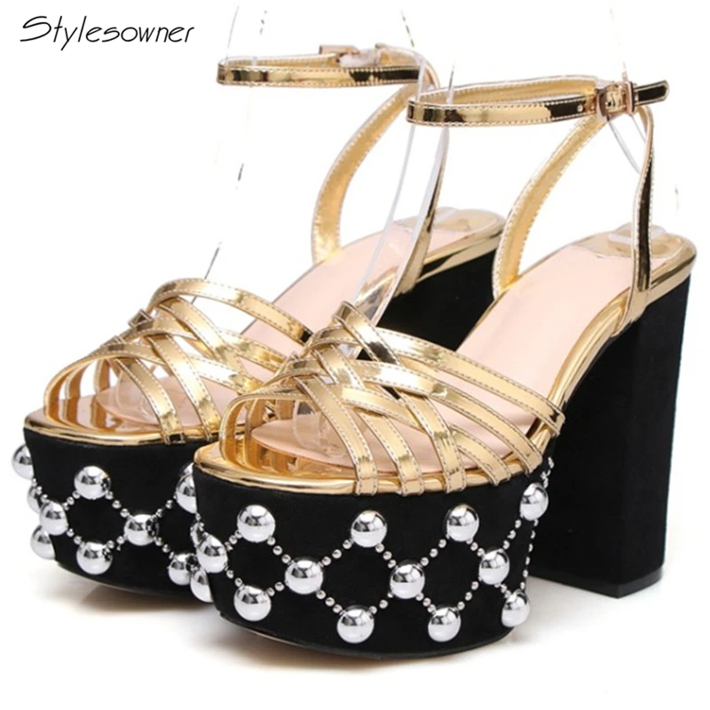 

Stylesowner New Arrival Lady Square 12cm High Heels Sandals Sexy Ankle Buckle Bling Rivets Platform Wedges Big Size Shoes 41EU
