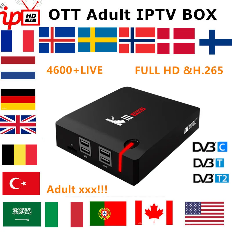 Французский IP tv box Mecool KIII PRO DVB-T2& S2& C+ IP tv подписка 1 год Швеция Бельгия Великобритания Испания США M3U для взрослых xxx smart tv box