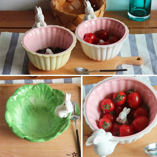 

Ceramic Rabbits Bowls Big Size 15X8cm Green and Pink Bowl Use as Fruit salad Bowl or Food Ice Cream Bowl High Quality