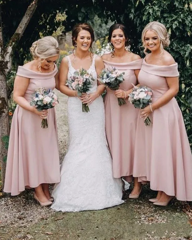 

New Cheap Blush Pink Bridesmaid Dresses 2020 Long For Wedding Off Shoulder Ankle Length Backless A-Line High Low Plus Size