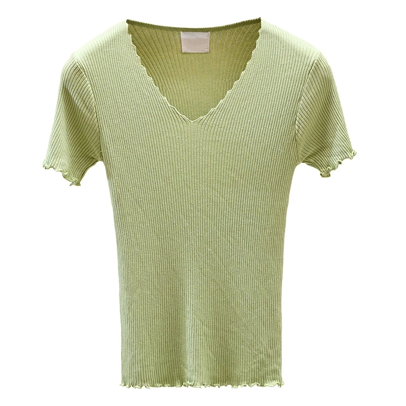 

2019 Women Knitted Blouse Green White Black Ruched Wave Trim Short Sleeve V Neck Stretchy Female Casual Blouses Shirts New
