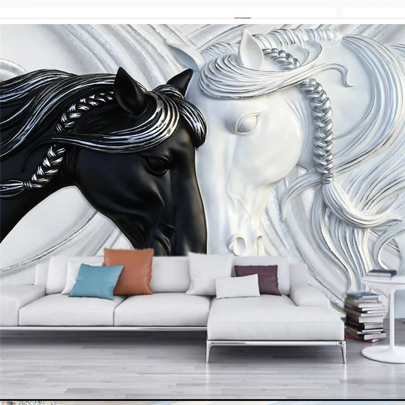 Us 885 41 Di Scontobeibehang Personalizzato 3d Carta Da Parati Di Modo In Bianco E Nero Doppio Cavallo Rilievo Tv Sfondo Muro Foto Wallpaper3d