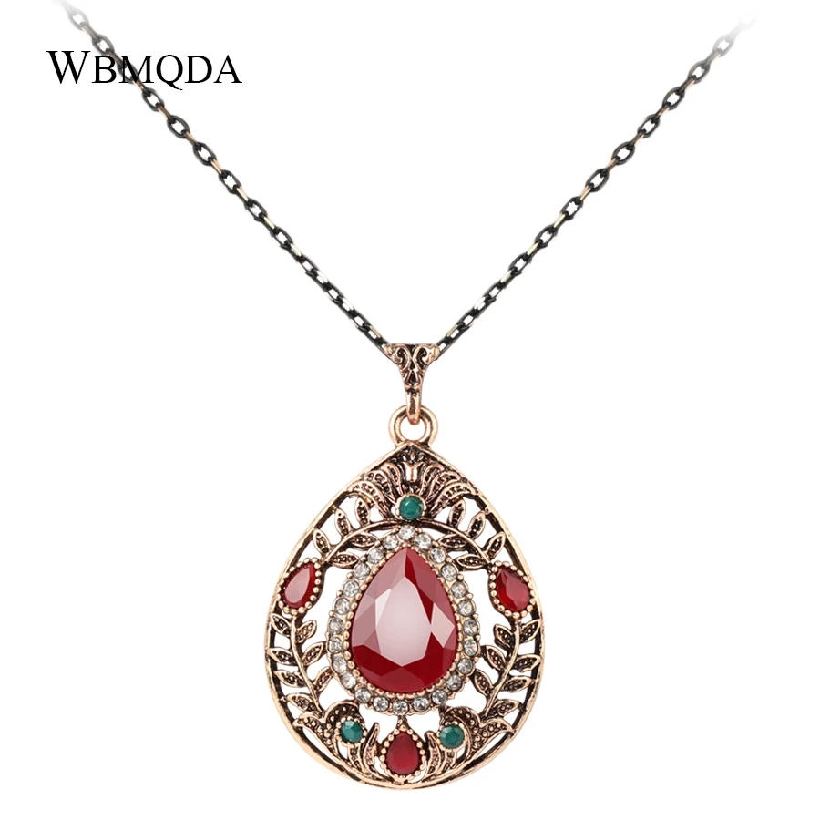 

Free Shipping Vintage Jewelry Pendant Necklace For Women Ancient Gold Color Ethnic Big Water Drop Necklace Crystal Gifts