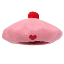 Lolita Girls Baby Pink Manga Heart Pom Pom Beret Hat Kawaii Cute Painter Beret Cap pink pom pom design scoop neck 3 4 length sleeves t shirt
