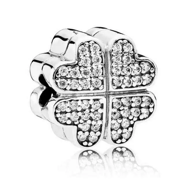

925 Sterling Silver Bead Charm Pave Crystal Petals of Love Clip Clip Lock Stopper Beads Fit Pandora Bracelet & Necklace Jewelry