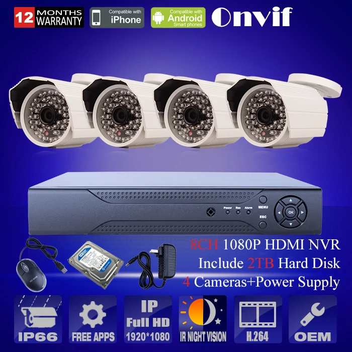 4pcs*1080P HD Outdoor Security Mini IP Camera Onvif H.264 8 Channel NVR Video Surveillance Kit CCTV System Mobile Remote | Безопасность