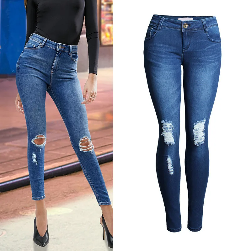 

High Waist Women Ripped Jeans Stretchable Fashion Scratched Skinny Jeans Full Length Denim Plus Size Blue Color Pencil Jeans