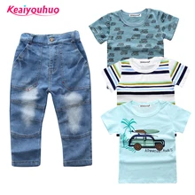 Комплекты одежды для детей, модная одежда для маленьких мальчиков, летняя футболка из 3 предметов+ джинсовые штаны, костюмы из 4 предметов, детская одежда для 2-7 лет