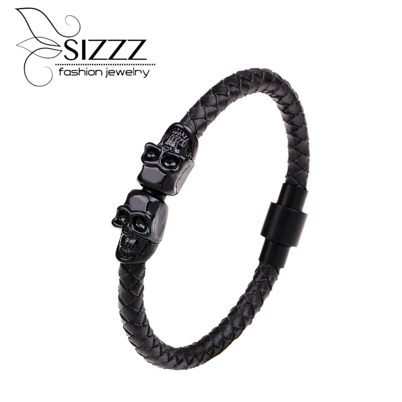 

SIZZZ 20.8cm Long Fashion Leather Bracelet Men's Domineering Skeleton Braided Magnetic Buckle Bangles For Men