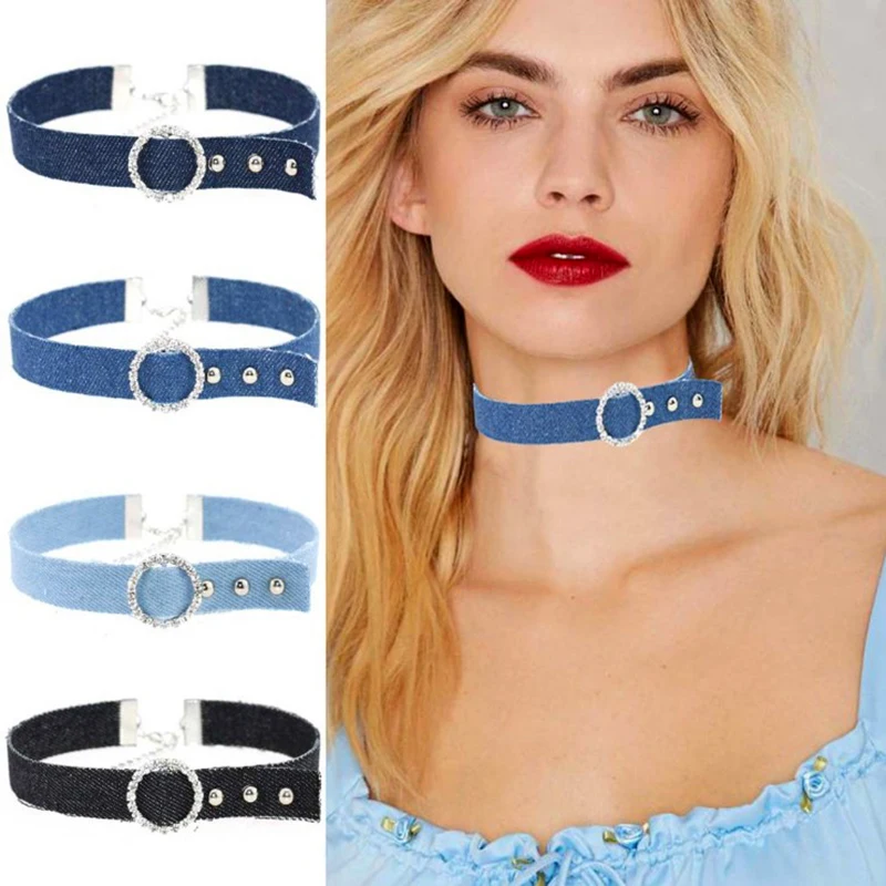 

4Pcs/Set Blue Denim Rhinestone Rope Choker Necklace For Women Jeans tattoo Collar Collier ras de cou colar bijoux femme CR038