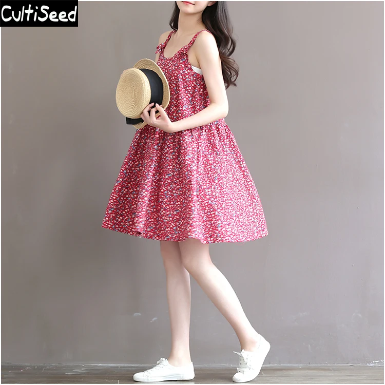 

Summer Vintage Cotton Linen Loose Sleeveless Vest Dresses Fashion Printed Spaghetti Strap Casual Dress Robe Vestido