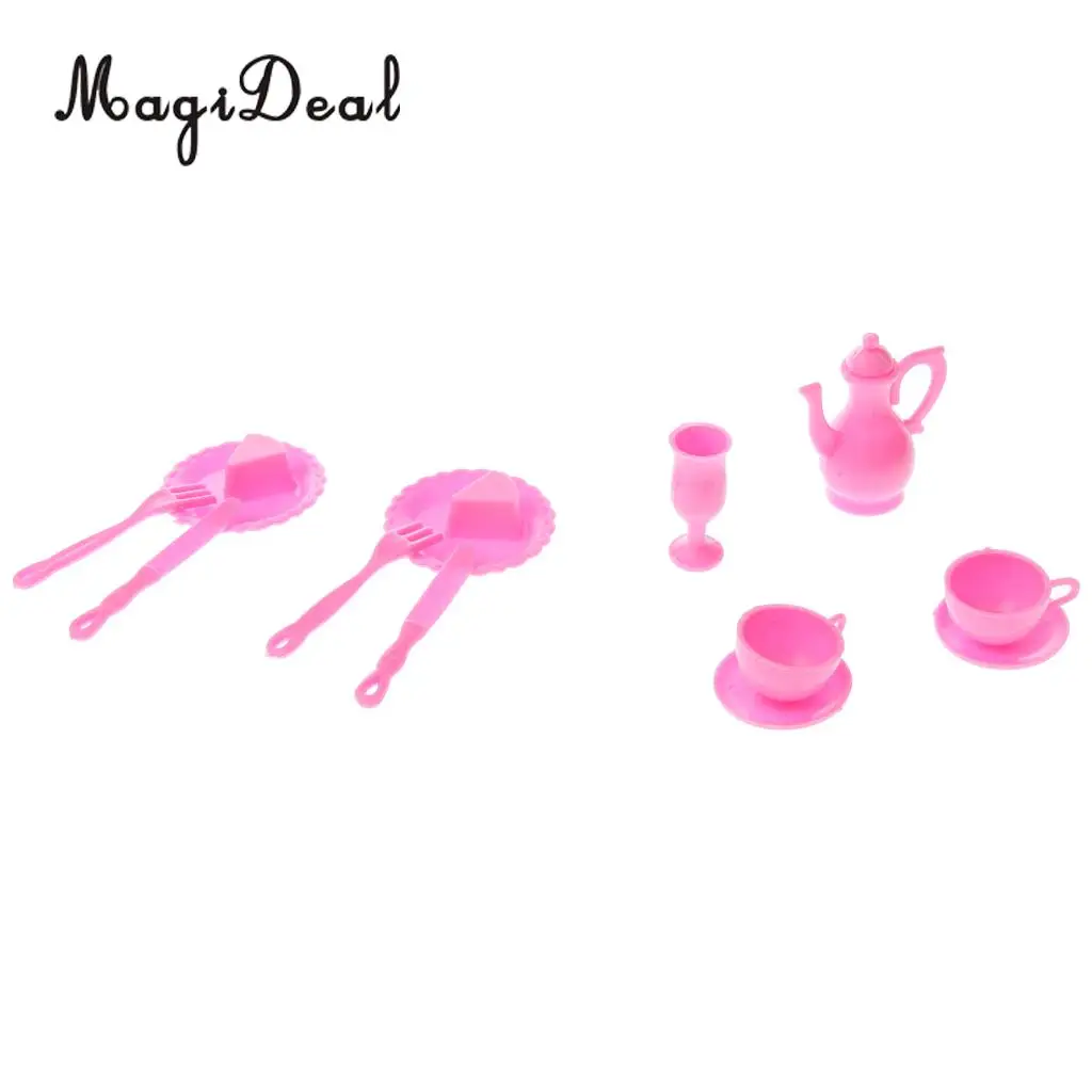 Set of Dollhouse Dining Room Tableware Teacups Dessert Plates Spatula for Dolls Home Decor Accessory Girl Kids Toys Pink