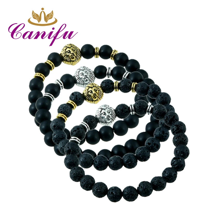 

Canifu 8mm Yellow or White Gold Lion head shape Lava Natural Stone Bracelets For Women and Men factory price Wholesale