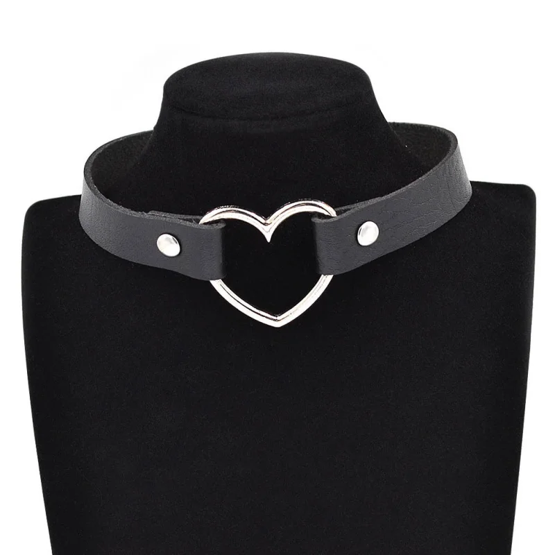 Gothic Punk Style Multi Color Alloy Heart Pendant PU Leather Choker Necklace Collar 90s Grunge Heart Choker