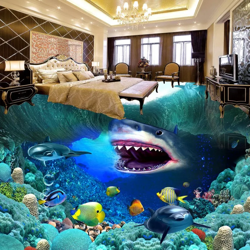 

Free Shipping Custom Living Room Bathroom Home Decoration Self-adhesive Wallpaper Floor Underwater World 3D Painting Roll