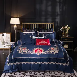 100% Египетский хлопок вышивка роскошь постельных принадлежностей двуспальная кровать комплект Королевский Комплект постельного белья