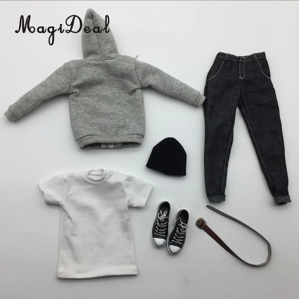 MagiDeal 1/6 Scale Mens Clothes Gray Hoodie T-shirt Jeans Belt Cap Canvas Shoes Set for 12 Inch Male Action Figures