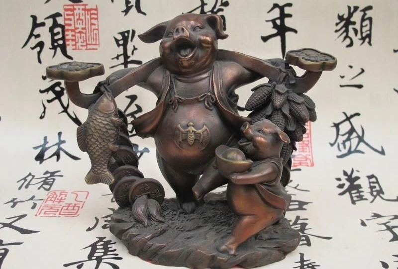 

China Feng Shui Pure Bronze YuanBao Pig Shoulder carry wishful fish corn Statue a 0518