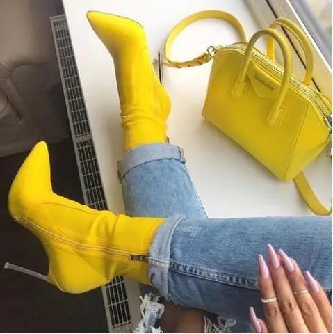 

Женские ботильоны на высоком тонком каблуке, желтые ботинки с острым носком, туфли-лодочки на металлическом каблуке, модельные ботинки на молнии по индивидуальному заказу